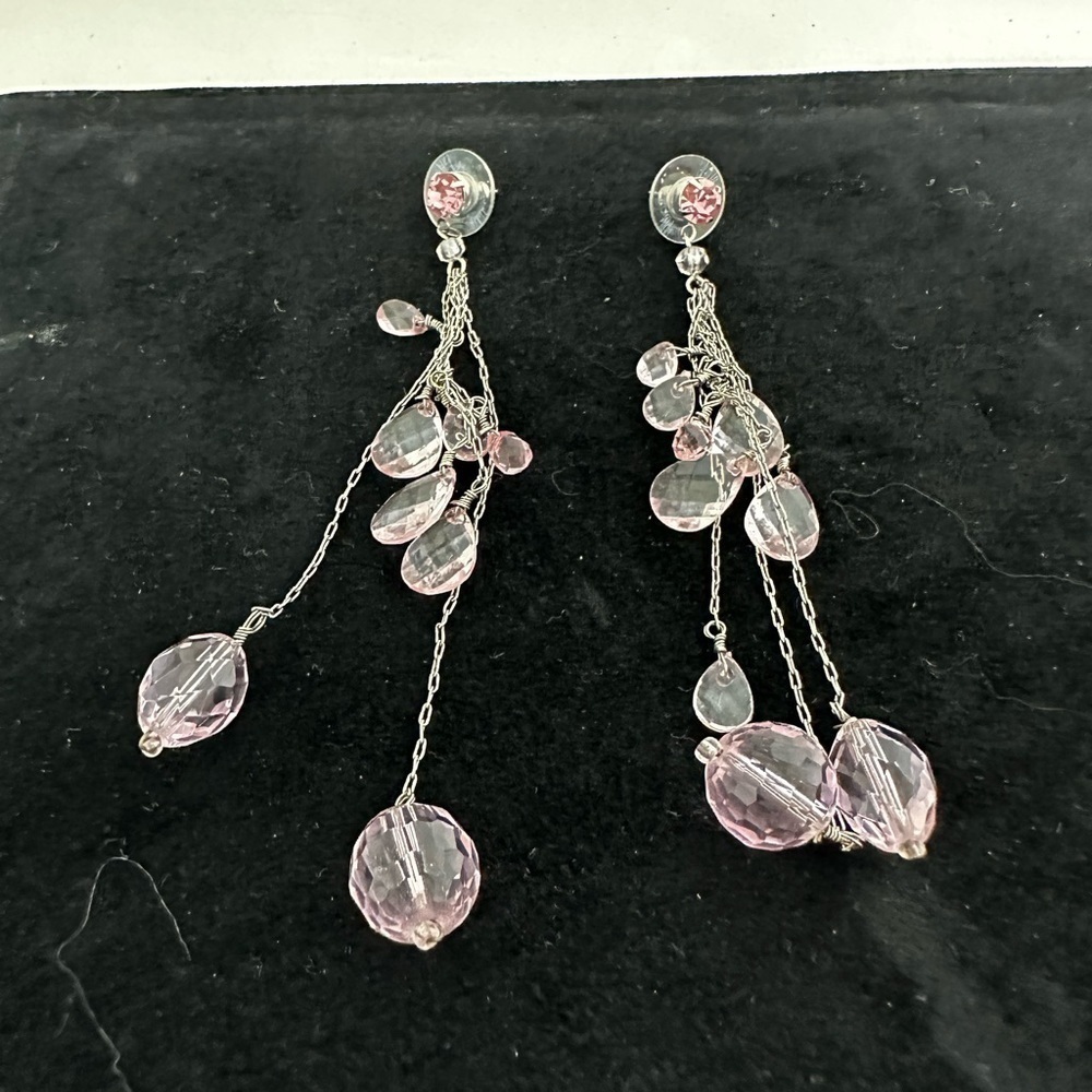 Pierced long dangling pink crystal earrings. 41/4” in length.